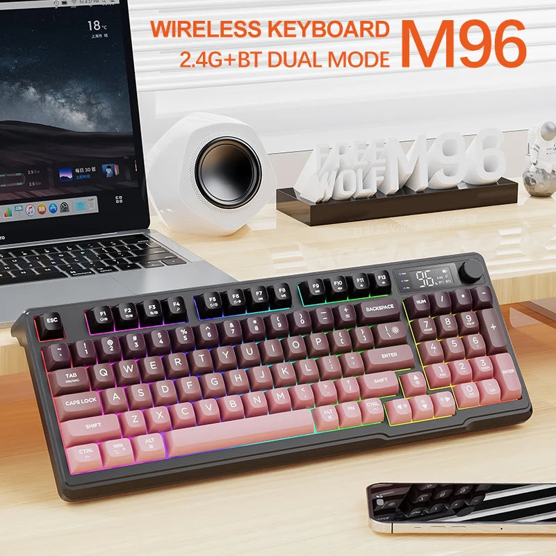 96-Key Bluetooth & 2.4G Wireless Gaming Keyboard with Smart Screen, RGB Backlight, Ergonomic PBT Keycaps — Multi-Device for PC Laptop Tablet