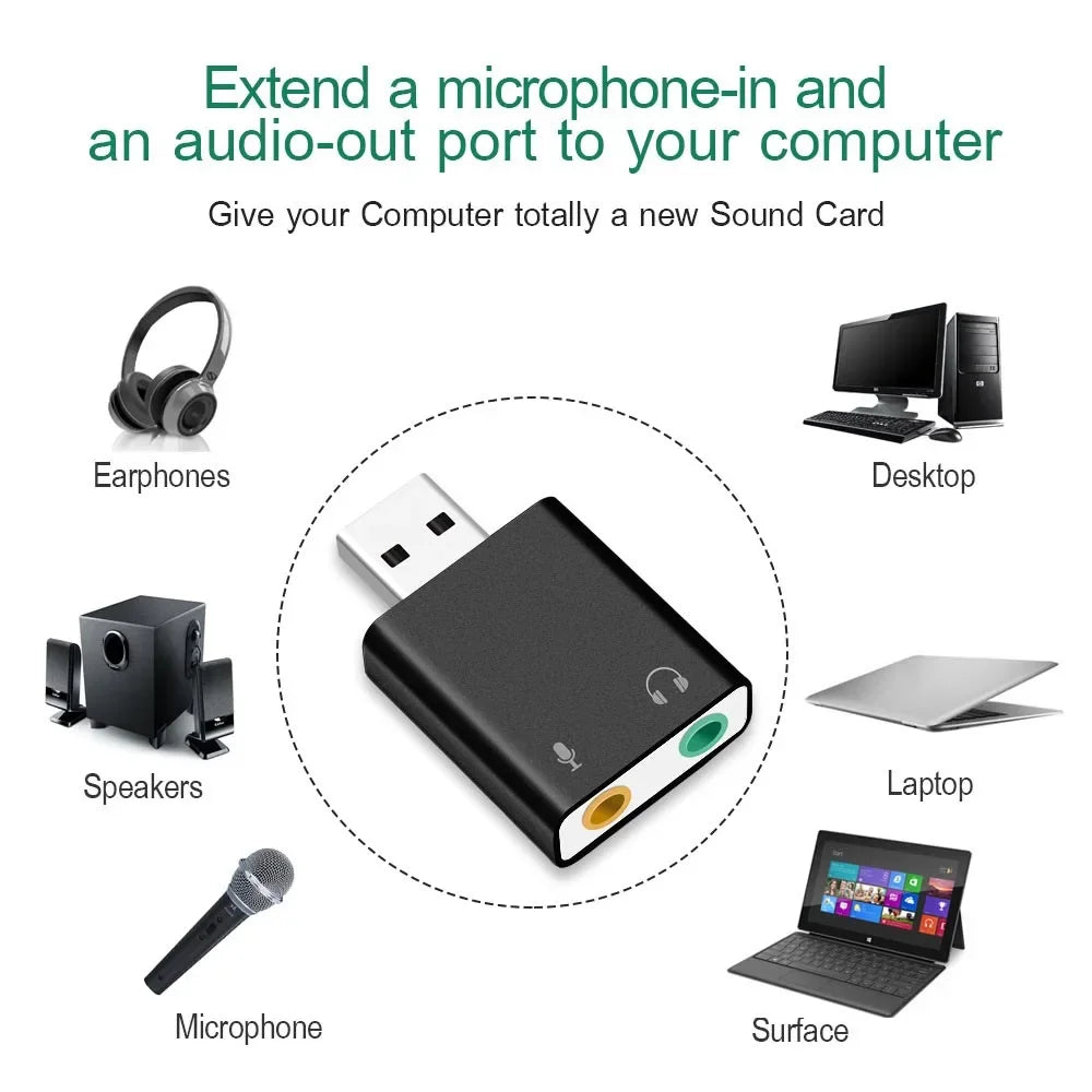 External USB Sound Card Adapter – USB to 3.5mm Headphone & Mic Converter, Virtual 7.1, Plug & Play
