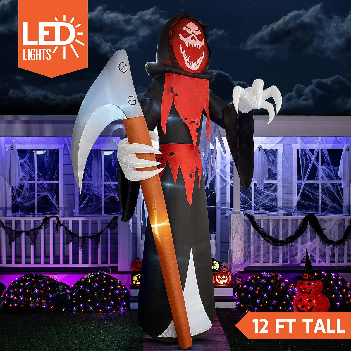 12 ft (3.66 m) Giant Grim Reaper Inflatable with Built-In LEDs and Scythe for Halloween Yard Outdoor Decoration