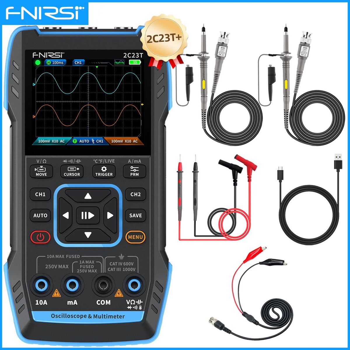 3-in-1 2-Channel Digital Oscilloscope Multimeter & DDS Signal Generator 50 MHz 250MS/s 2.8-inch LCD Portable