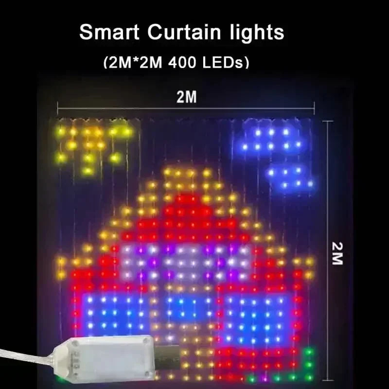USB LED Smart Curtain Lights 400 LEDs Bluetooth App RGB Music Sync Fairy String Lights for Window & Bedroom (1×1m/3.3×3.3ft, 2×2m/6.6×6.6ft, 3×3m/9.8×9.8ft)