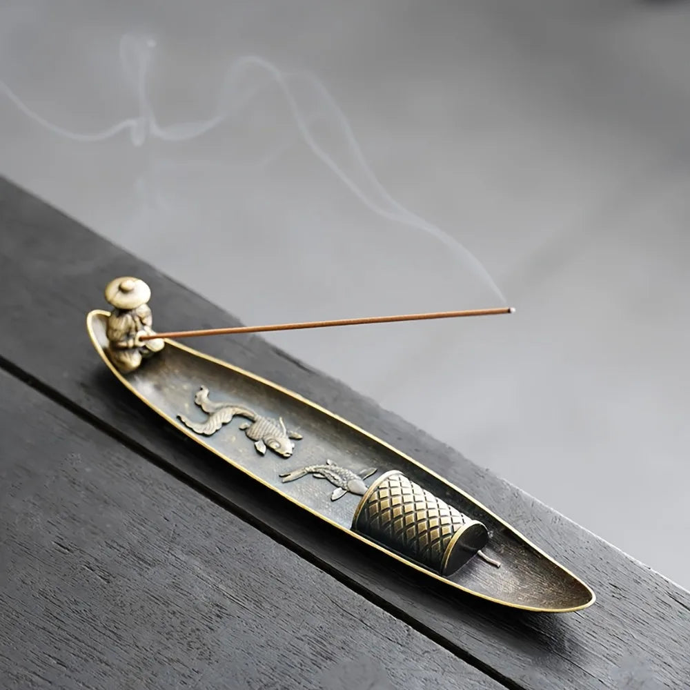 Japanese-Style Boat Fisherman Metal Incense Holder - Aromatherapy Stick Burner & Home Decor