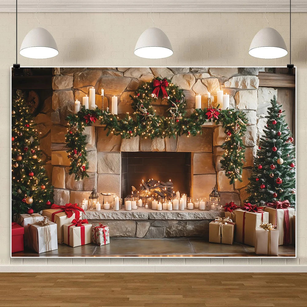Christmas Fireplace Photography Backdrop — Gingerbread House & Wooden Window Holiday Photo Background for Kids & Family