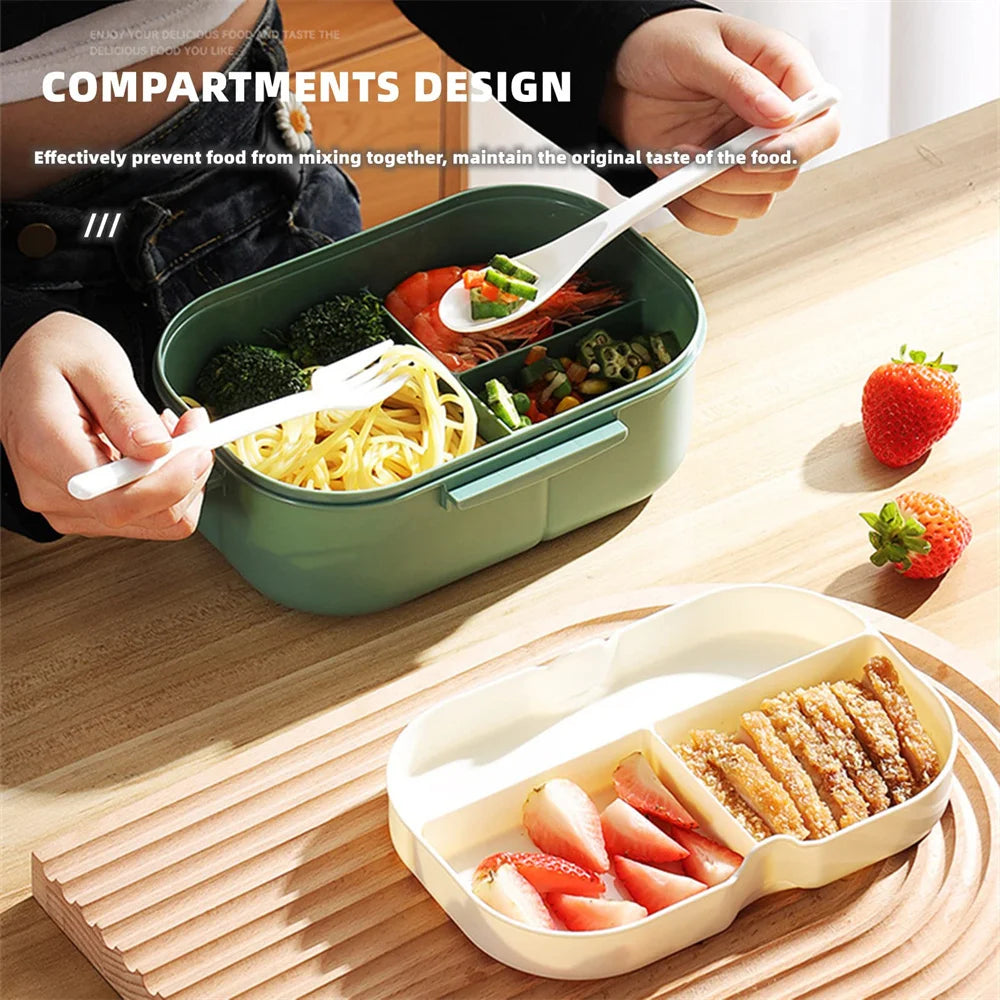 1200ml (1.2L / 40.6 fl oz) Double-Layer Bento Lunch Box with Spoon & Fork - Leakproof Compartmentalized Portable Lunchbox for Office, School & Camping