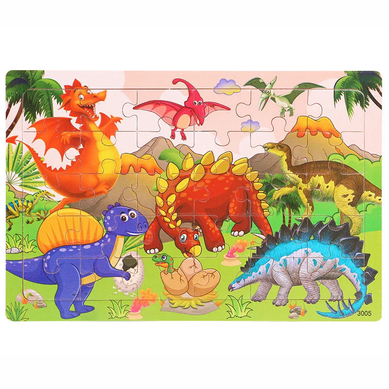 30-Piece Wooden Jigsaw Puzzle for Kids, Cartoon Animals & Vehicles, Early Learning Toy