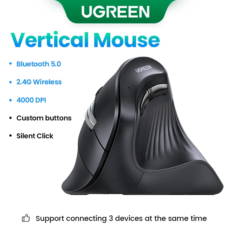 Vertical Ergonomic Wireless Mouse Bluetooth 5.0 & 2.4GHz, 4000 DPI, 6 Silent Buttons for MacBook Laptop Tablet PC