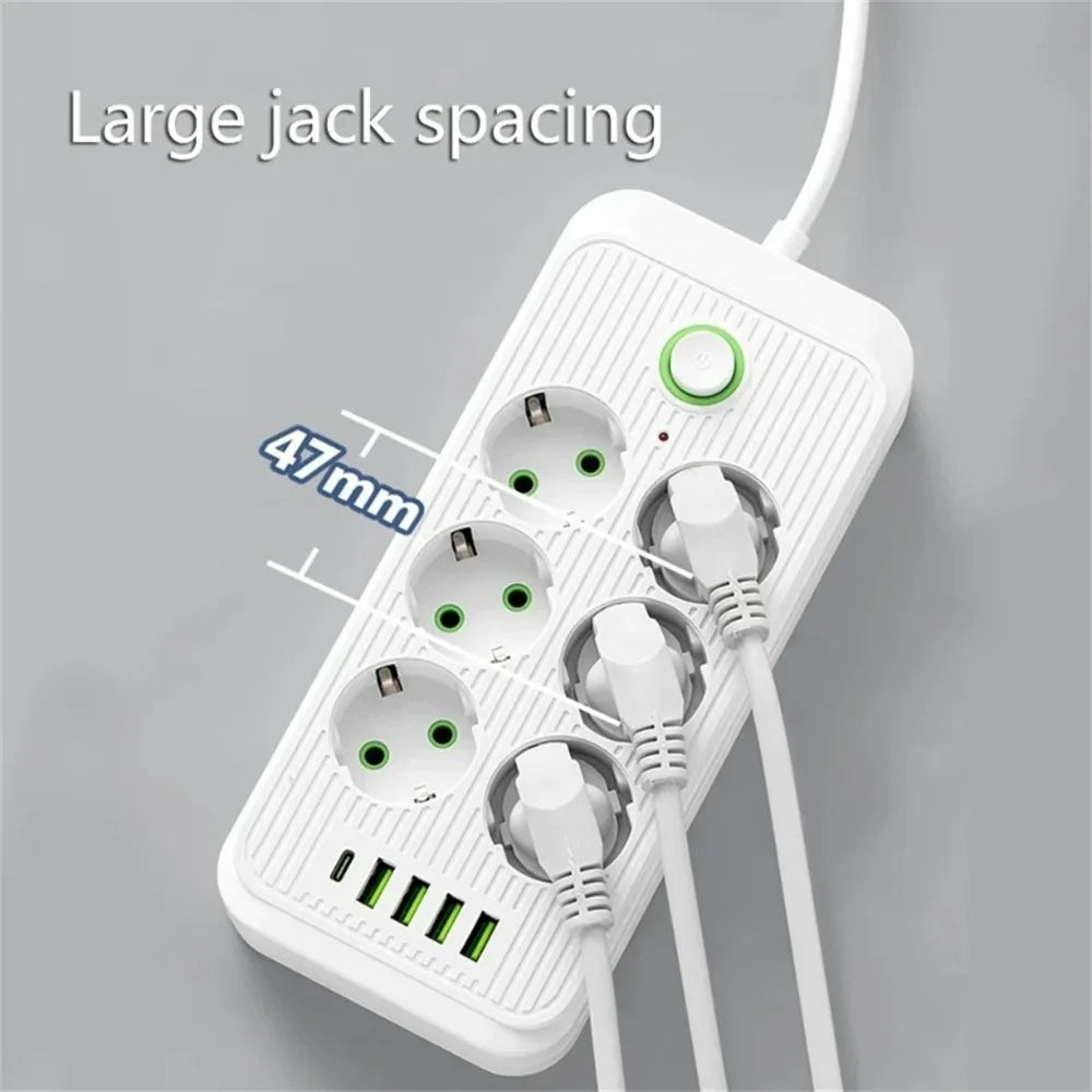 2M EU Plug Power Strip Surge Protector — Multi Outlet Extension Cord with 4 USB Ports & USB-C Fast Charging