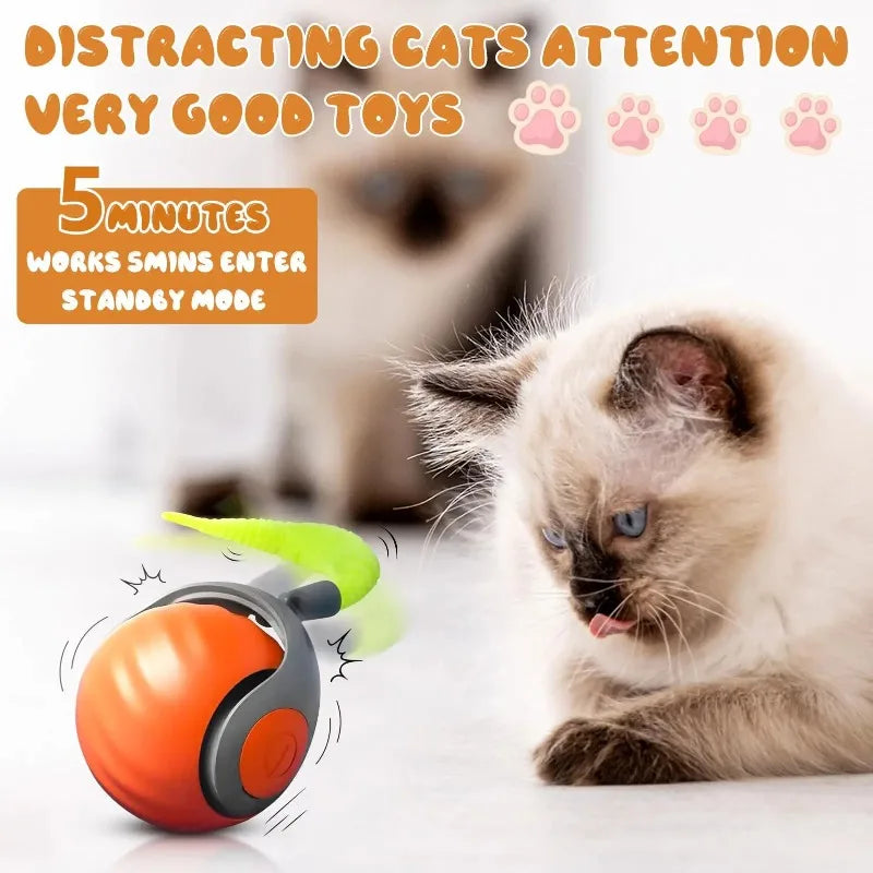Interactive Cat Ball Toy with Replaceable Tail USB Rechargeable Dual-Speed Automatic Cat Toy for Indoor Cats