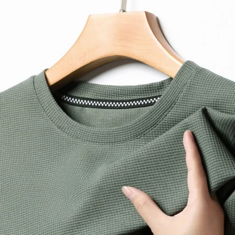 Men's Summer Waffle Knit Short Sleeve T-Shirt Round Neck Casual Breathable Tee