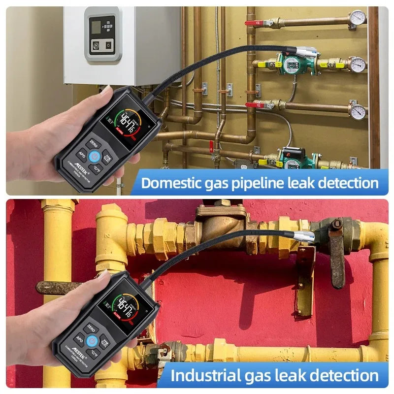 Combustible Gas Leak Detector 0-100% LEL / 0-50,000 ppm — LCD Screen, Sound & Light Alarm, 10.6in (270mm) Flexible Probe, Portable