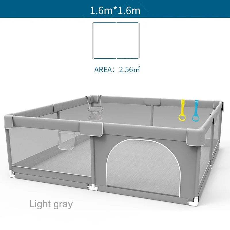 Light Gray Baby Playpen with Pull Ring - Play Yard & Ball Pit Safety Fence for Toddlers