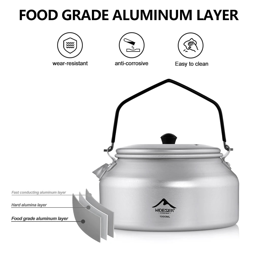 1L Aluminum Camping Kettle Lightweight Portable Travel Kettle with Detachable Handle