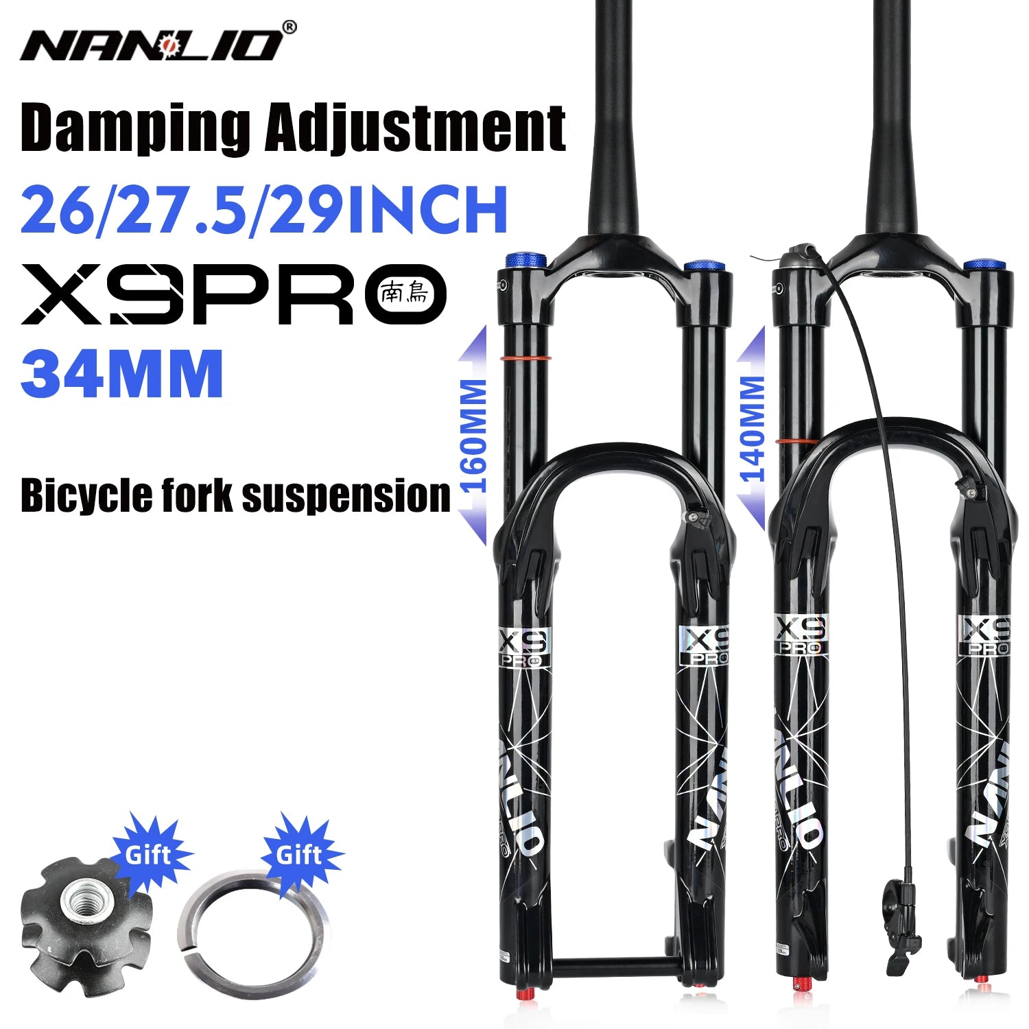 34mm MTB Suspension Fork for 26/27.5/29 in Wheels, Oil & Air Damping, 140/160mm (5.5/6.3 in) Travel with Metal Bushings