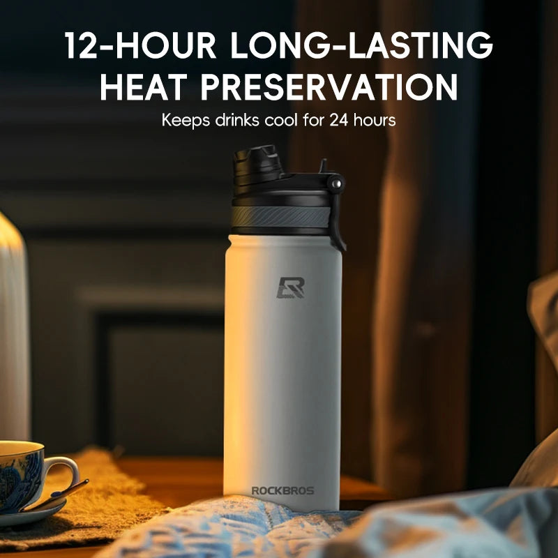 Insulated Stainless Steel Cycling Water Bottle — Vacuum Thermos 550/650/1000/1200ml (18.6/22/33.8/40.6oz) with Carry Handle