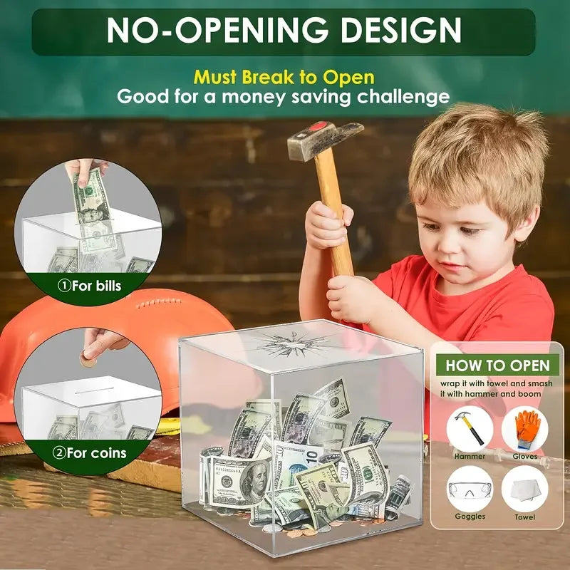 Clear Acrylic Piggy Bank for Adults - Break-to-Open One-Way Money Saving Bank
