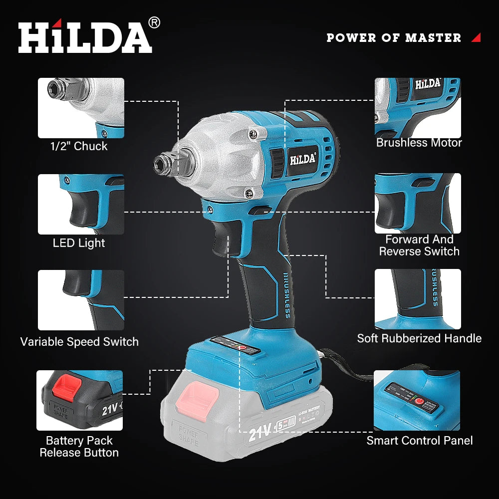 Brushless Cordless 1/2-Inch Impact Wrench — Rechargeable, 18V Battery Compatible