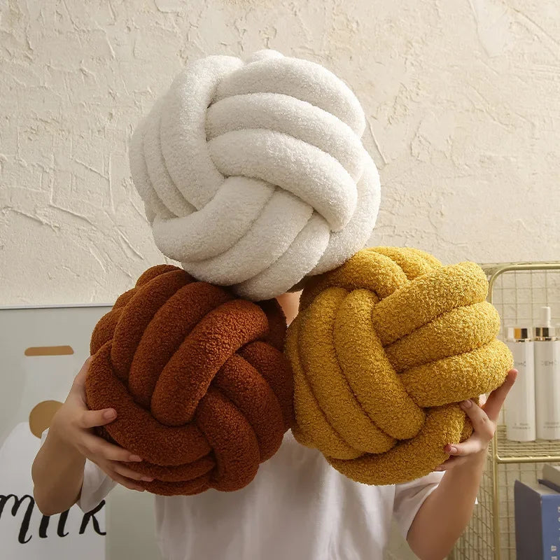 Aesthetic Knotted Ball Plush Cushion - Nordic Round Throw Pillow for Sofa & Bed, 22/28 cm (8.7/11 in)
