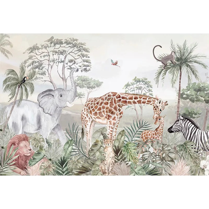 Custom Watercolor Jungle Animal Peel-and-Stick Wall Mural - Giraffe Elephant Zebra Nursery & Kids Wallpaper
