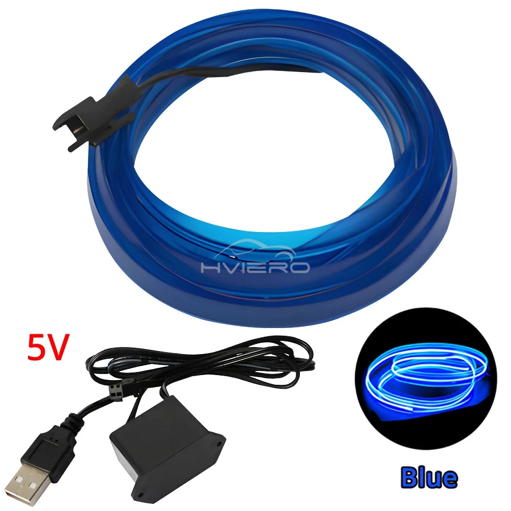 Car Interior LED Strip Light 1/2/3/5M – Flexible Neon Rope USB & 12V Ambient Door Dashboard Lighting