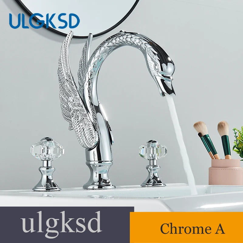 Golden Swan-Shaped Bathroom Faucet 3-Piece Basin & Tub Mixer with Dual Crystal Handles, Hot & Cold