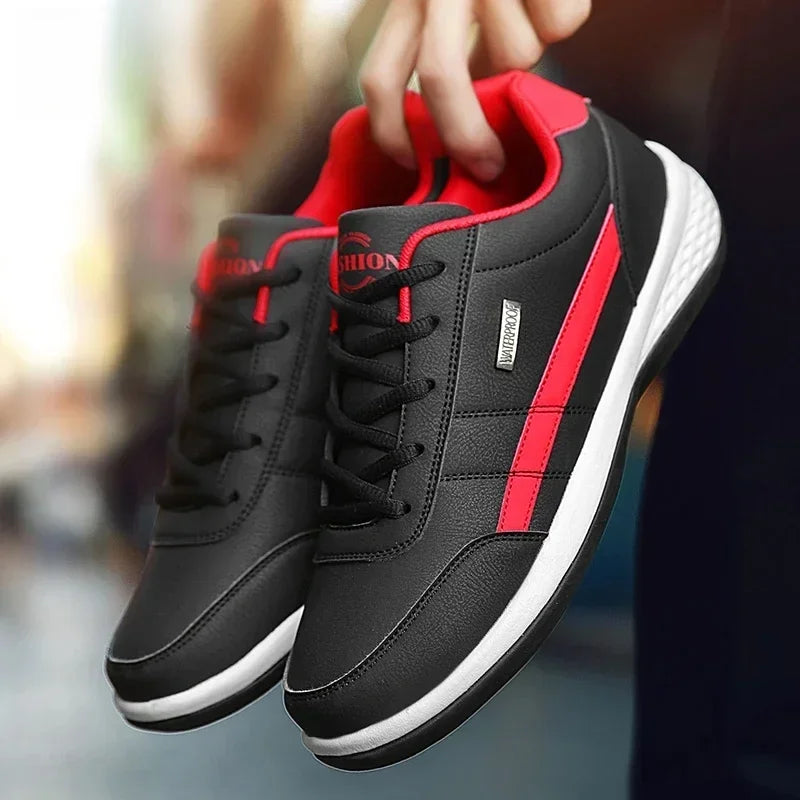 Men's Leather Lace-Up Vulcanized Sneakers, Casual Comfortable Ankle Trainers