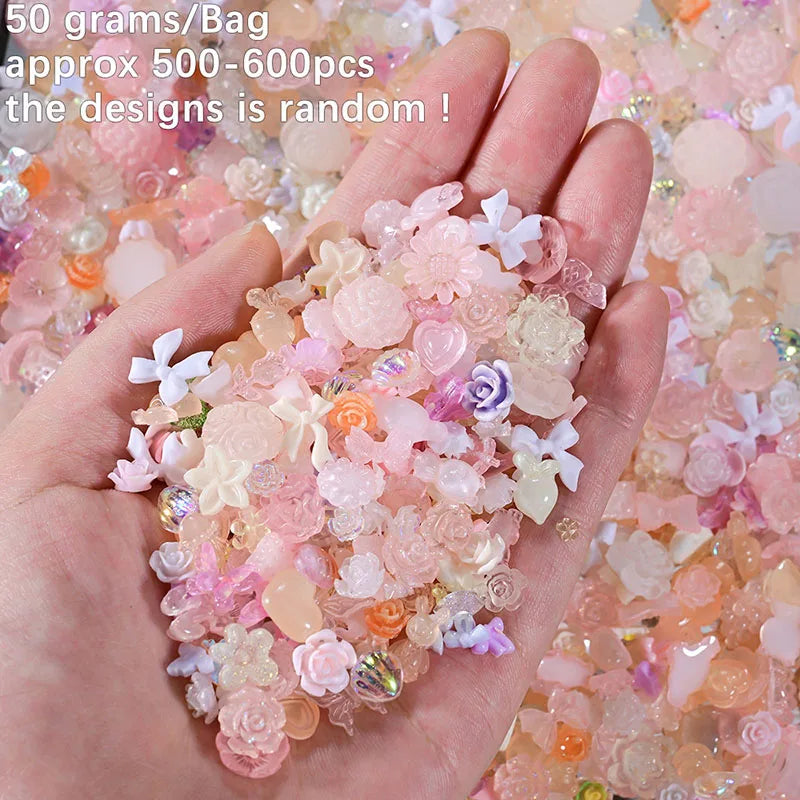 500pcs White Nail Charms & Pearls — Mixed Shapes (Heart, Bowknot, Star, Teardrop) Rhinestones for Nail Art & DIY Crafts