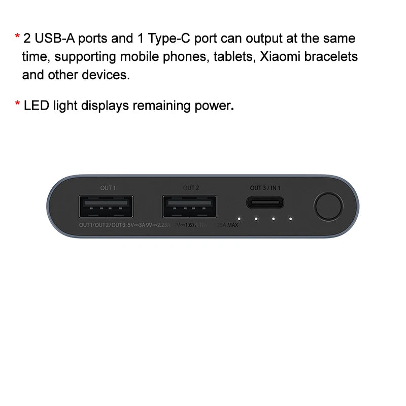 10000mAh 22.5W Portable Power Bank, 3-Port USB-C Fast Charge, Aluminum Alloy, Low-Current Mode – Compatible with iPhone & Android
