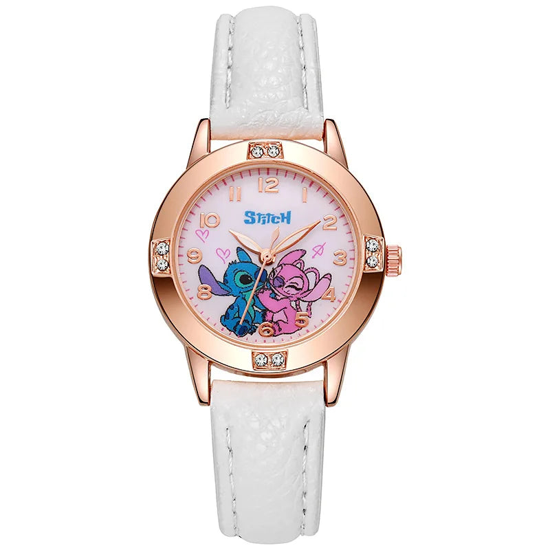 Girls Cartoon Leather Strap Watch with Rhinestone Dial — Rose Gold Cute Kids Watch