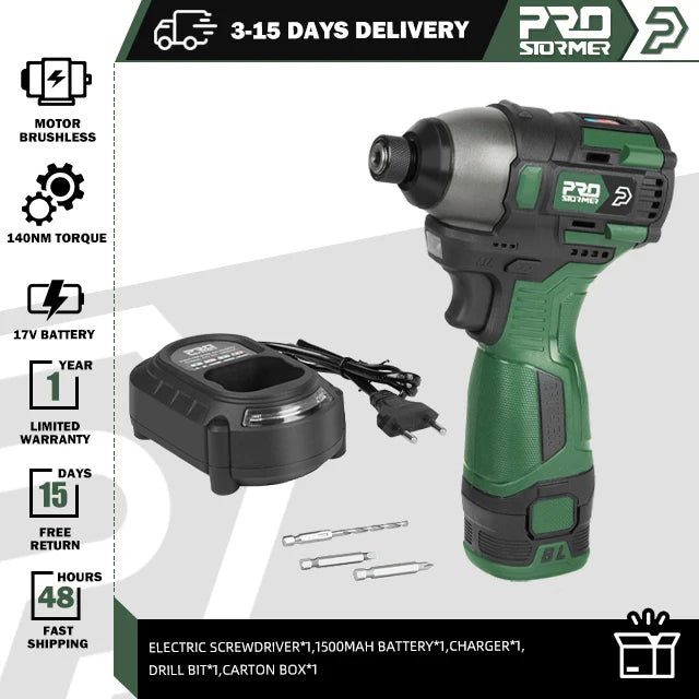 140 Nm Brushless Cordless Electric Screwdriver Drill 17V 1500mAh Rechargeable 1/4 in (6.35 mm) Hex Chuck