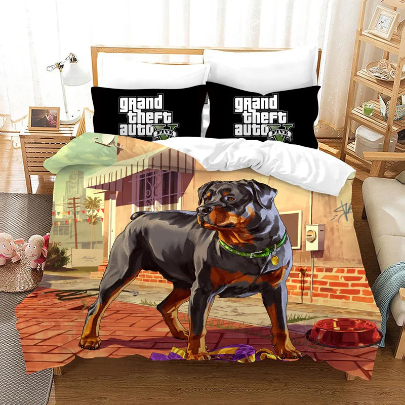 GTA V Cartoon 3-Piece Bedding Set — Printed Duvet Cover & 2 Pillowcases, Twin to King (68×86–104×90 in / 172×218–264×228 cm)