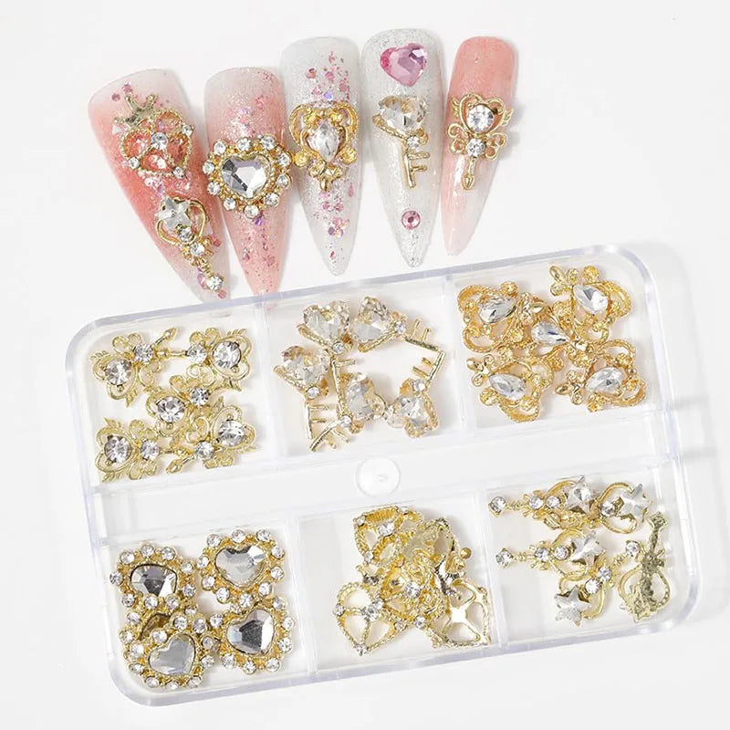 6-Grid Nail Rhinestone Kit – Saturn, Planet & Cross Crystal Nail Charms for Nail Art