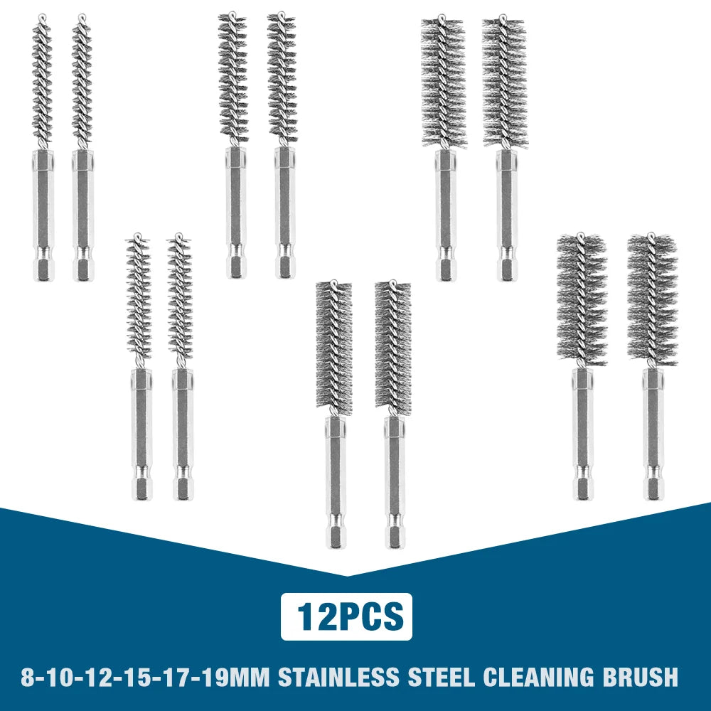 6/12-Pack Stainless Steel Drill Wire Brush Set — 1/4 in (6.35 mm) Hex Shank, 8/10/12/15/17/19 mm Bore Cleaning & Rust Removal