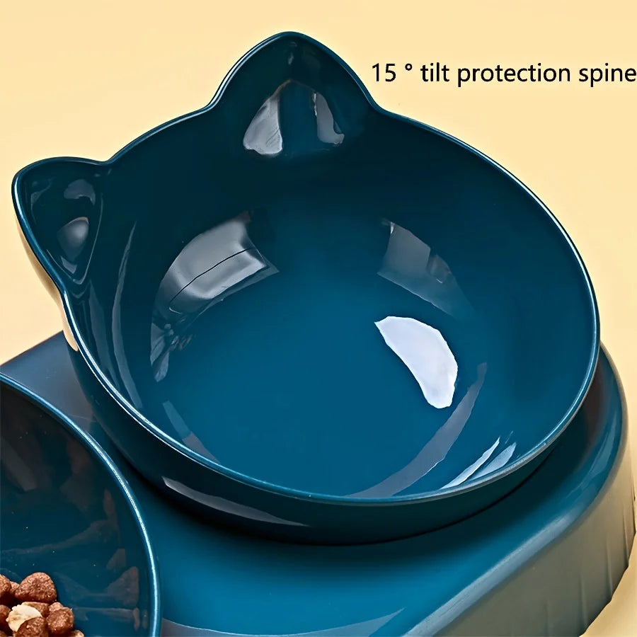 3-in-1 Tilted Cat Food & Water Bowl Set with Gravity Water Feeder — Ear Design for Neck Protection