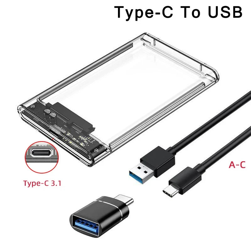 Transparent 2.5-Inch HDD/SSD Enclosure – SATA III to USB 3.0 Type-C, Tool-Free Portable External Drive Case (7mm/9.5mm, up to 2TB)