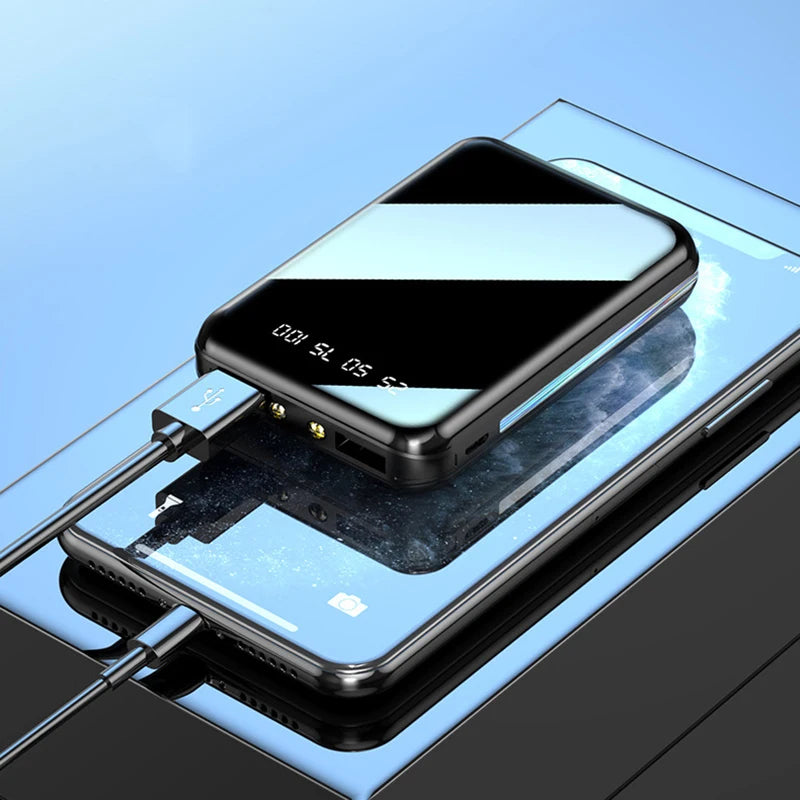 20000mAh Portable Power Bank with LED Mirror Screen, Built-In Cables & Dual USB — External Charger for Smartphones
