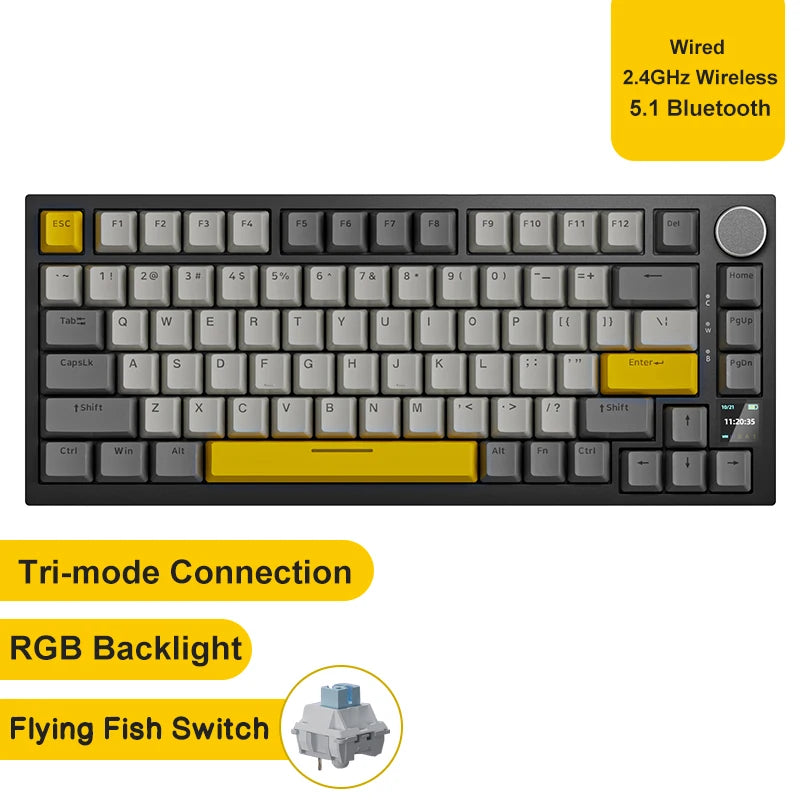 75% Compact Mechanical Gaming Keyboard — Bluetooth 5.1, 2.4GHz & USB-C Wired, Hot-Swappable PBT Keycaps with Metal Volume Knob, RGB