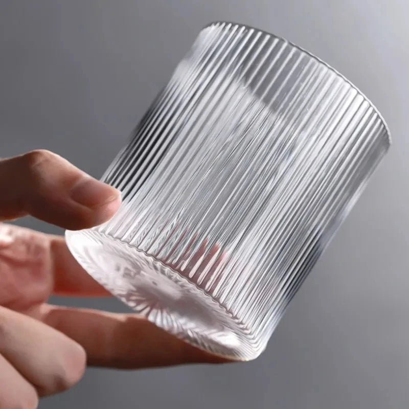 300ml (10 fl oz) Japanese Striped Origami Glass Cup, Transparent Multi-Purpose Drinkware for Coffee, Bubble Tea and Whiskey