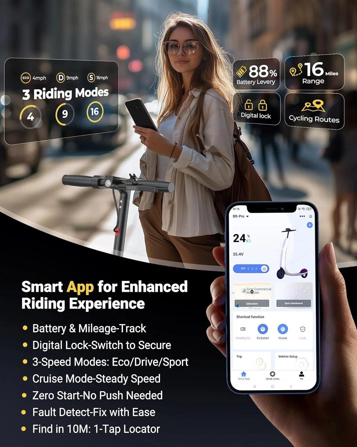Folding Electric Scooter 350W Brushless Motor — 19 MPH (30 km/h) Smart APP Control, 8.5-inch Honeycomb Tires, 25–37 mi (40–60 km) Range for Adults