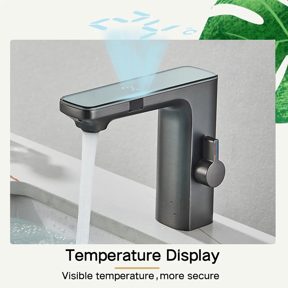 Touchless Sensor Basin Faucet with Digital Display – Brushed Grey Brass Bathroom Sink Mixer Tap, Single Hole Single-Handle, Hot & Cold