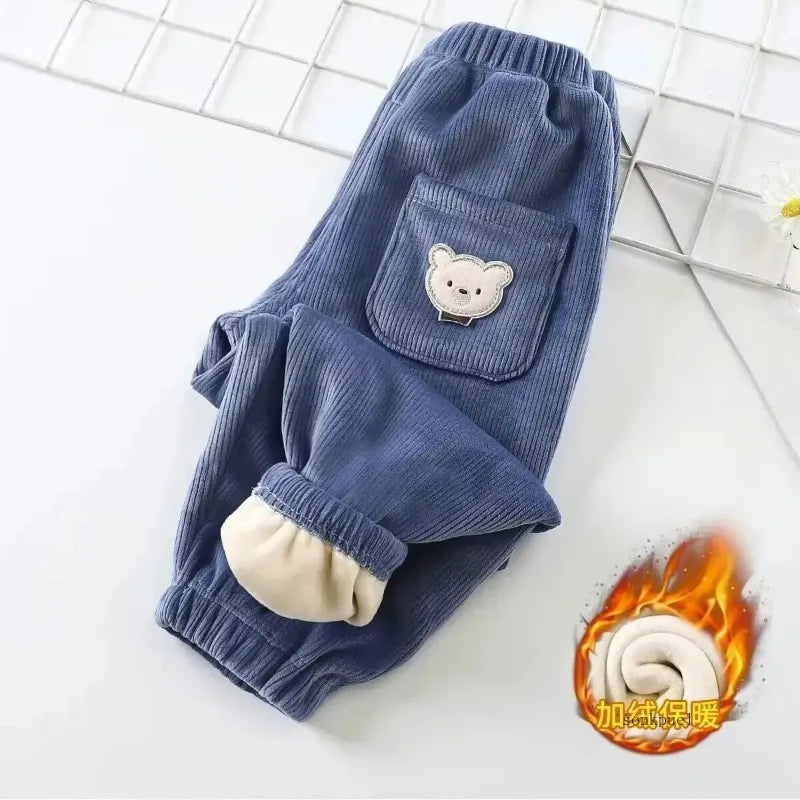 Kids Fleece-Lined Corduroy Harem Pants – Warm Autumn Winter Unisex Bear Print Casual Trousers