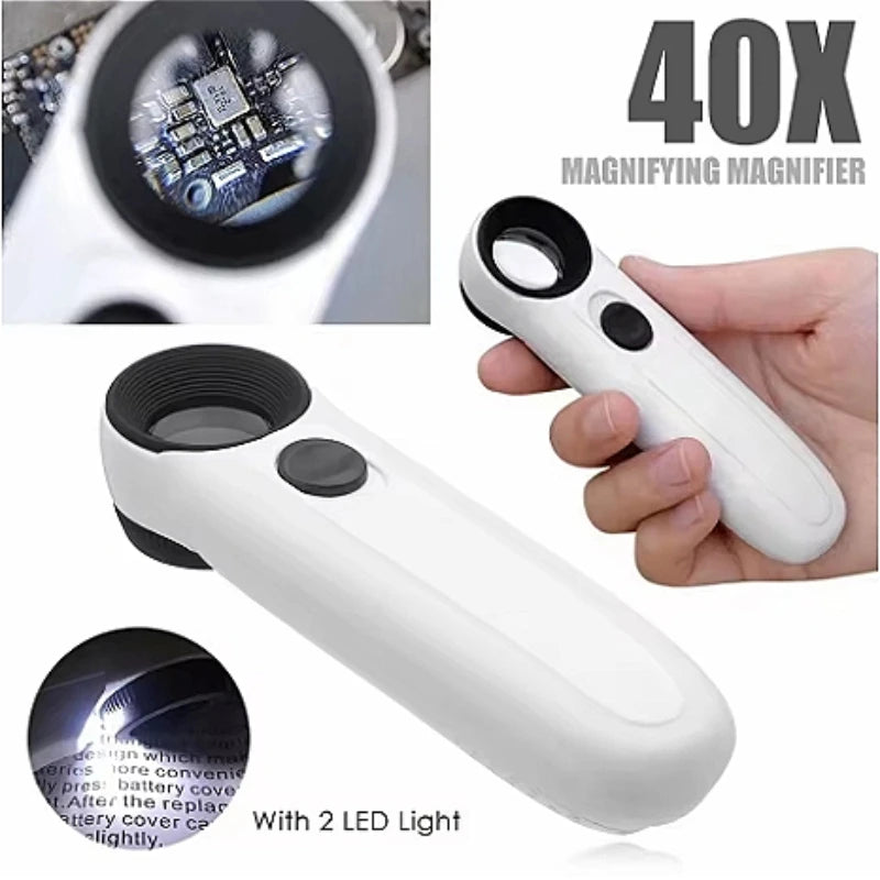 40X Handheld Magnifying Glass with 2 LED Lights for Jewelry Stamps Maps Circuit Board Inspection