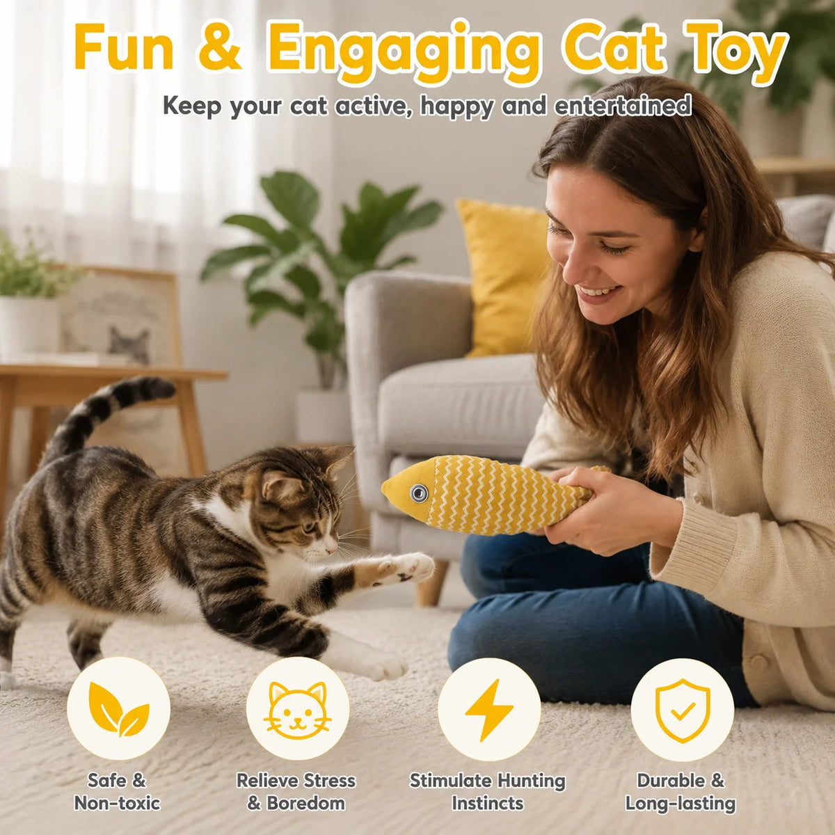 Interactive Catnip Fish Toy - Plush Kicker for Indoor Cats, 22 x 8 cm (8.7 x 3.1 in)