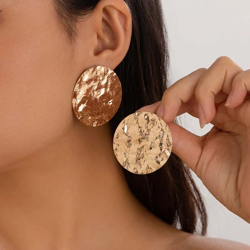 Large Gold Oval Geometric Stud Earrings - Textured Metal Statement Jewelry for Women