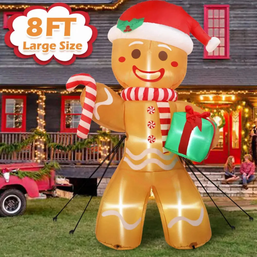 8 ft (2.4 m) Christmas Gingerbread Man Inflatable with LED Lights and Gift Sack - Outdoor Yard Lawn Decoration
