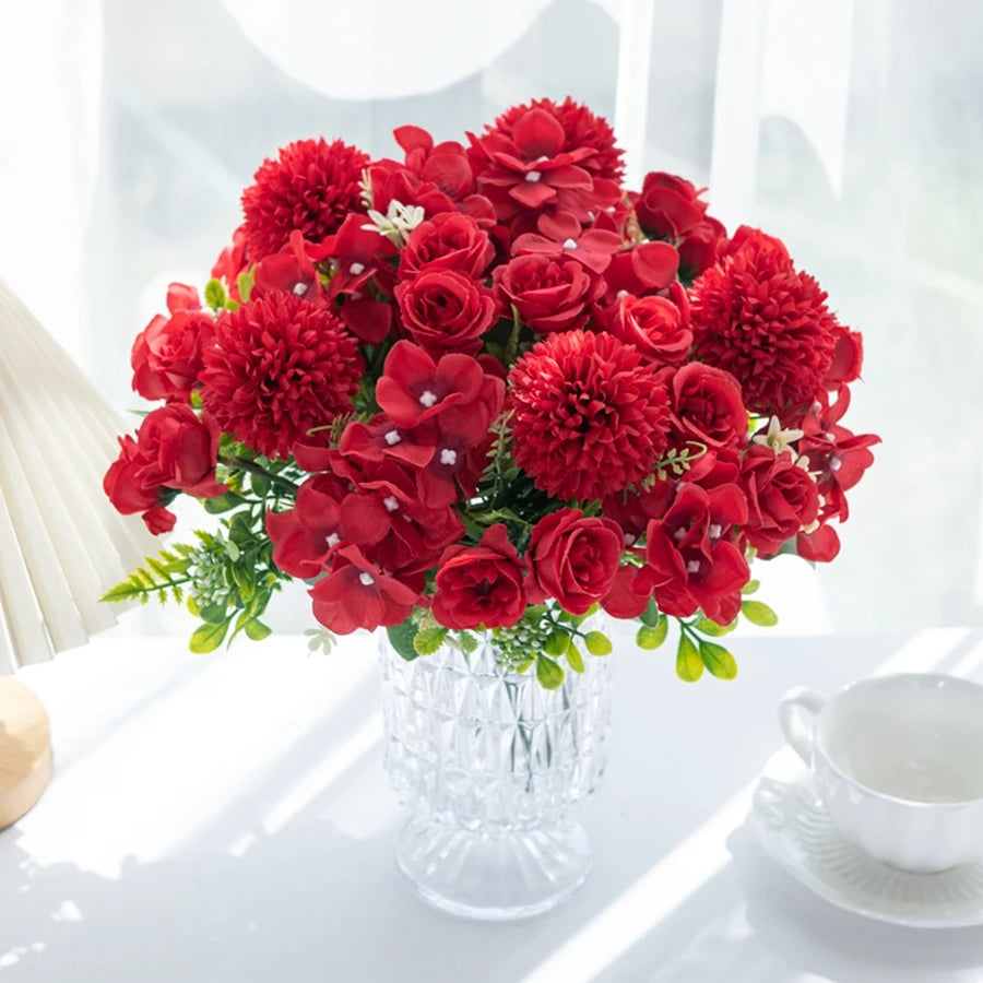 Silk Rose & Chrysanthemum Artificial Flower Bouquet - 2-Pack Wedding, Garden Archway & Home Festival Garland Decor