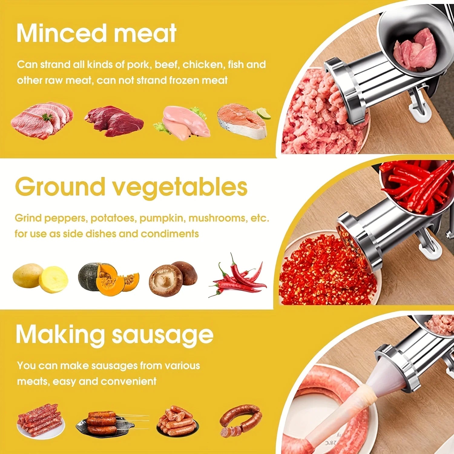 Manual Stainless Steel Meat Grinder Hand Crank with Table Clamp - Multipurpose Food Processor for Meat, Vegetables & Sausage Stuffer