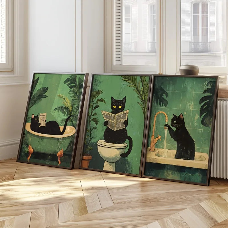 Set of 3 Funny Black Cat Canvas Prints - Vintage Animal Bathroom Wall Art Unframed