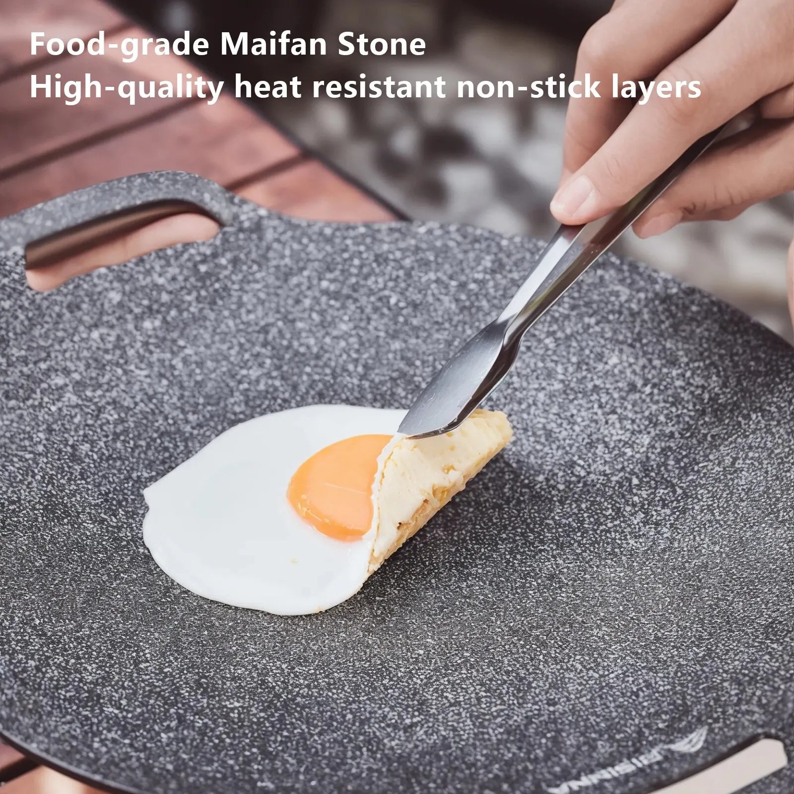 34cm (13.4 in) Non-Stick Outdoor BBQ Grill Pan with Wooden Handles, Stovetop & Camping Korean Grill Plate