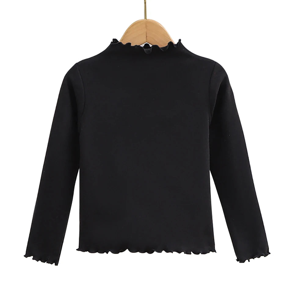 Girls Turtleneck Long Sleeve Lettuce-Edge Knit Tee – Solid Color Autumn Winter Top