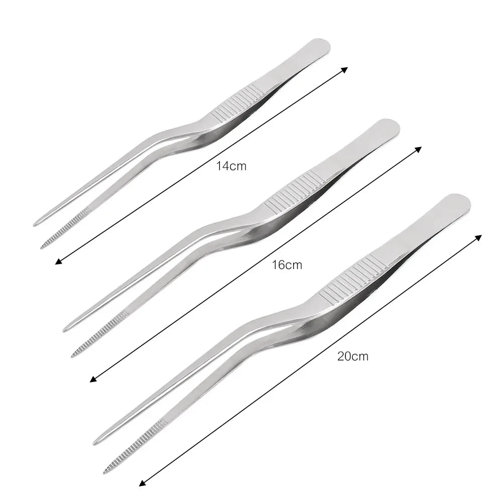Stainless Steel Kitchen Tweezers & BBQ Tongs, Portable Food Clips — 1 or 3-Pack (14/16/20 cm | 5.5/6.3/7.9 in)
